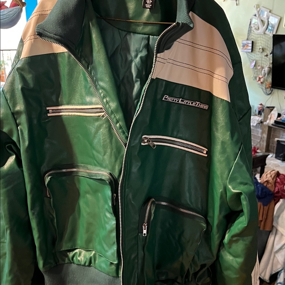 PrettyLittleThing Green Bomber Jacket with White Accents